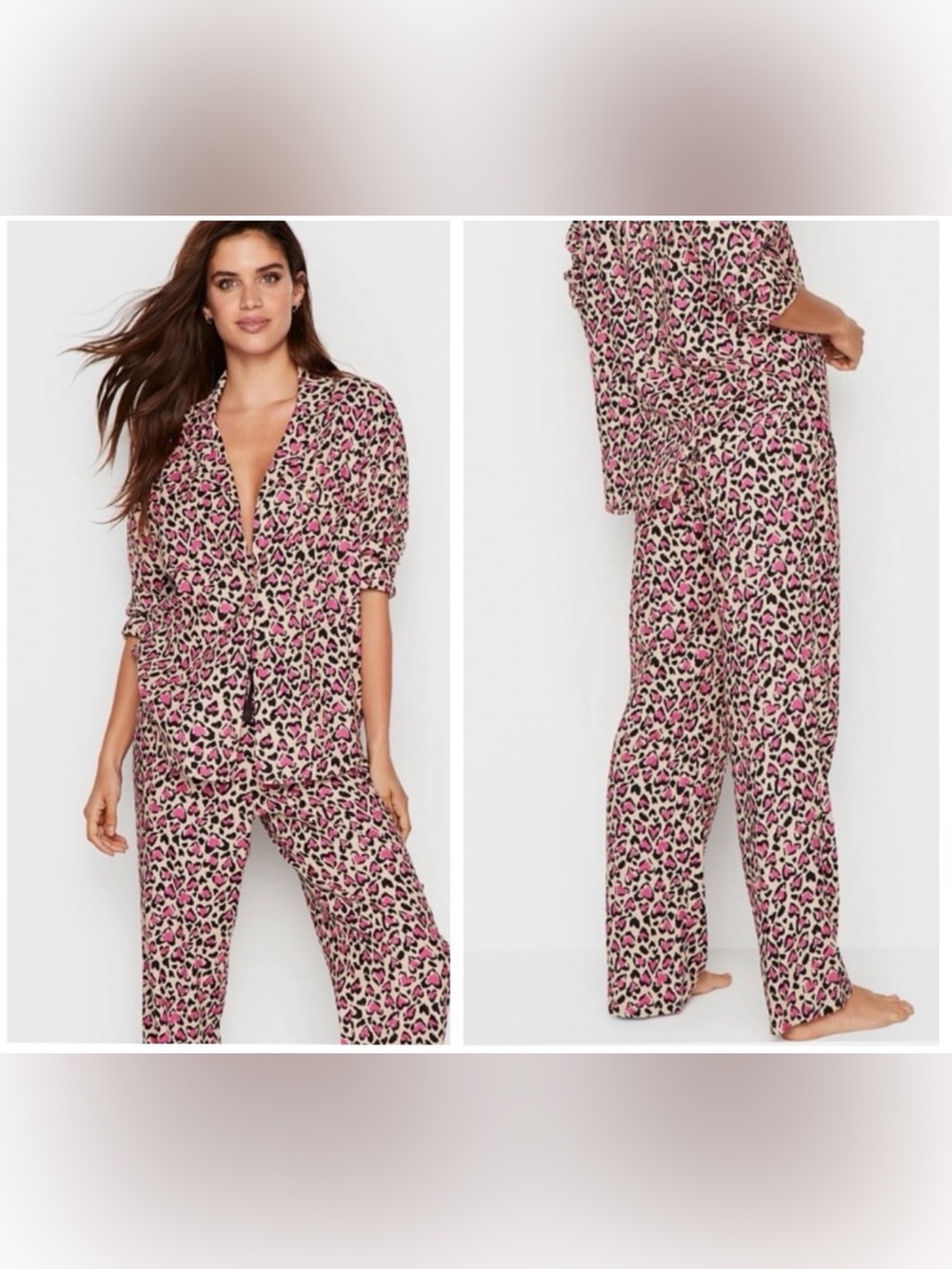 Victoria’s Secret pink love heart cheetah pajama set EUC - size L
